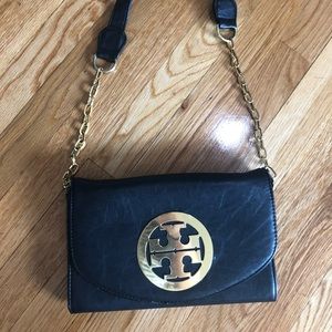 Tory Burch Authentic Black Leather Gold Cross Body